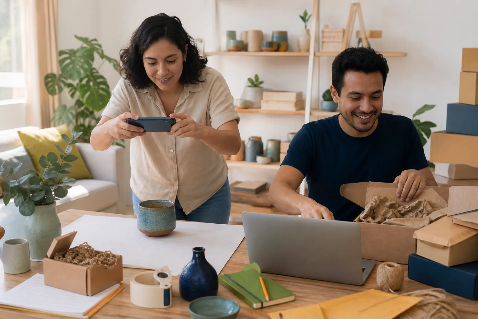 Emprendedores fotografiando productos y gestionando pedidos desde casa